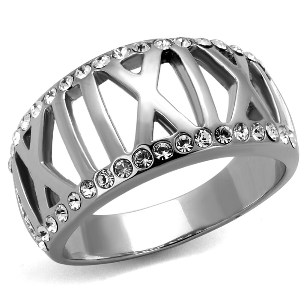 TK2257 - High polished (no plating) Stainless Steel Ring with Top Grade Crystal  in Clear