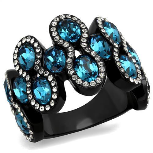 TK2289 - IP Black(Ion Plating) Stainless Steel Ring with Top Grade Crystal  in Aquamarine