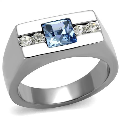 TK2307 - High polished (no plating) Stainless Steel Ring with Top Grade Crystal  in Aquamarine