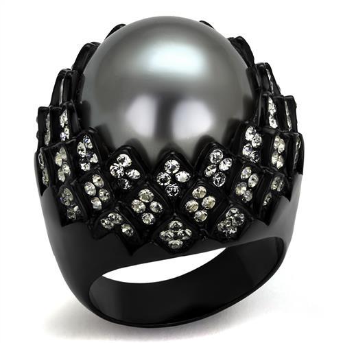 TK2483 - IP Black(Ion Plating) Stainless Steel Ring with Synthetic Pearl in Gray