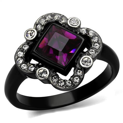 TK2489 - Two-Tone IP Black Stainless Steel Ring with Top Grade Crystal  in Fuchsia