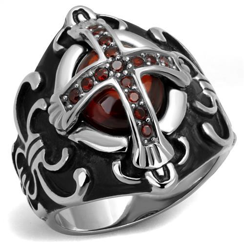 TK2507 - High polished (no plating) Stainless Steel Ring with AAA Grade CZ  in Garnet