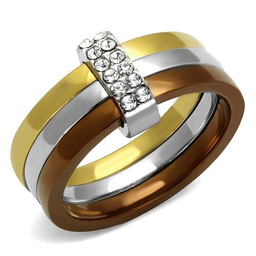 TK2600 - Three Tone IPï¼ˆIP Gold & IP Light coffee & High Polished) Stainless Steel Ring with Top Grade Crystal  in Clear