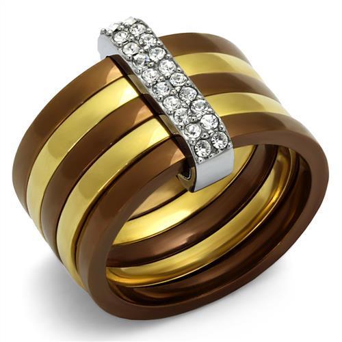 TK2601 - Three Tone IPï¼ˆIP Gold & IP Light coffee & High Polished) Stainless Steel Ring with Top Grade Crystal  in Clear