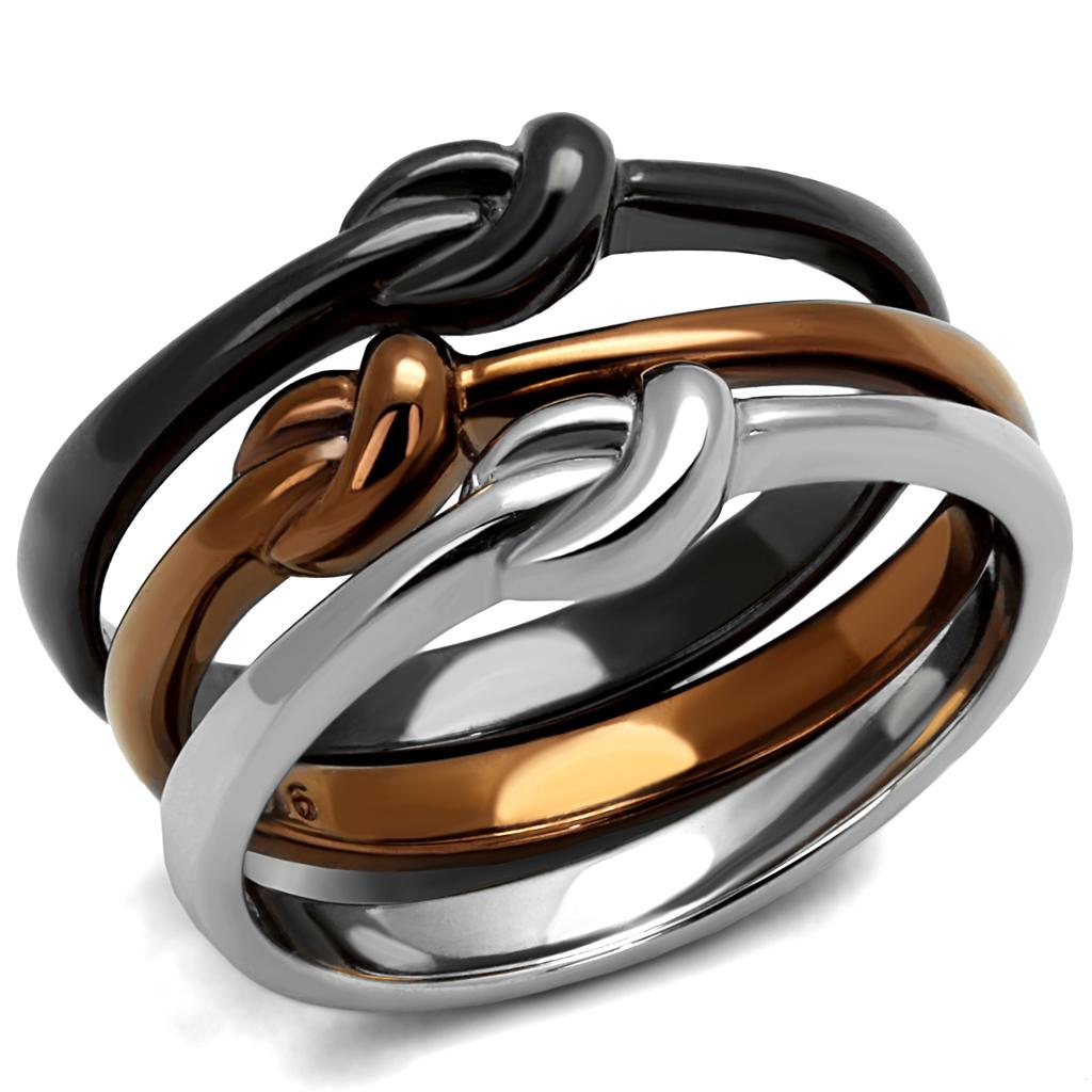 TK2648 - Three Tone IPï¼ˆIP Light Coffee & IP Light Black & High Polished) Stainless Steel Ring with No Stone