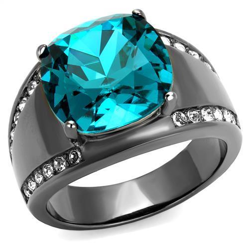 TK2678 - IP Light Black  (IP Gun) Stainless Steel Ring with Top Grade Crystal  in Blue Zircon