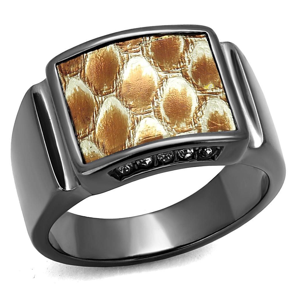 TK2738 - IP Light Black  (IP Gun) Stainless Steel Ring with Leather  in Brown