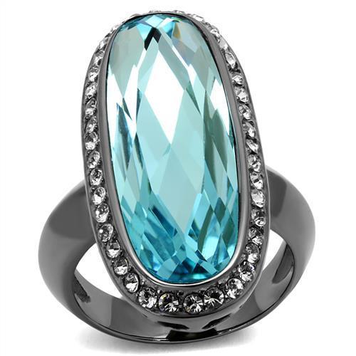 TK2804 - IP Light Black  (IP Gun) Stainless Steel Ring with Top Grade Crystal  in Sea Blue