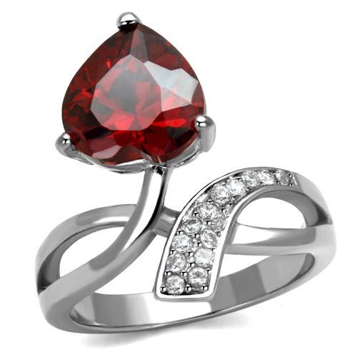 TK2863 - High polished (no plating) Stainless Steel Ring with AAA Grade CZ  in Garnet