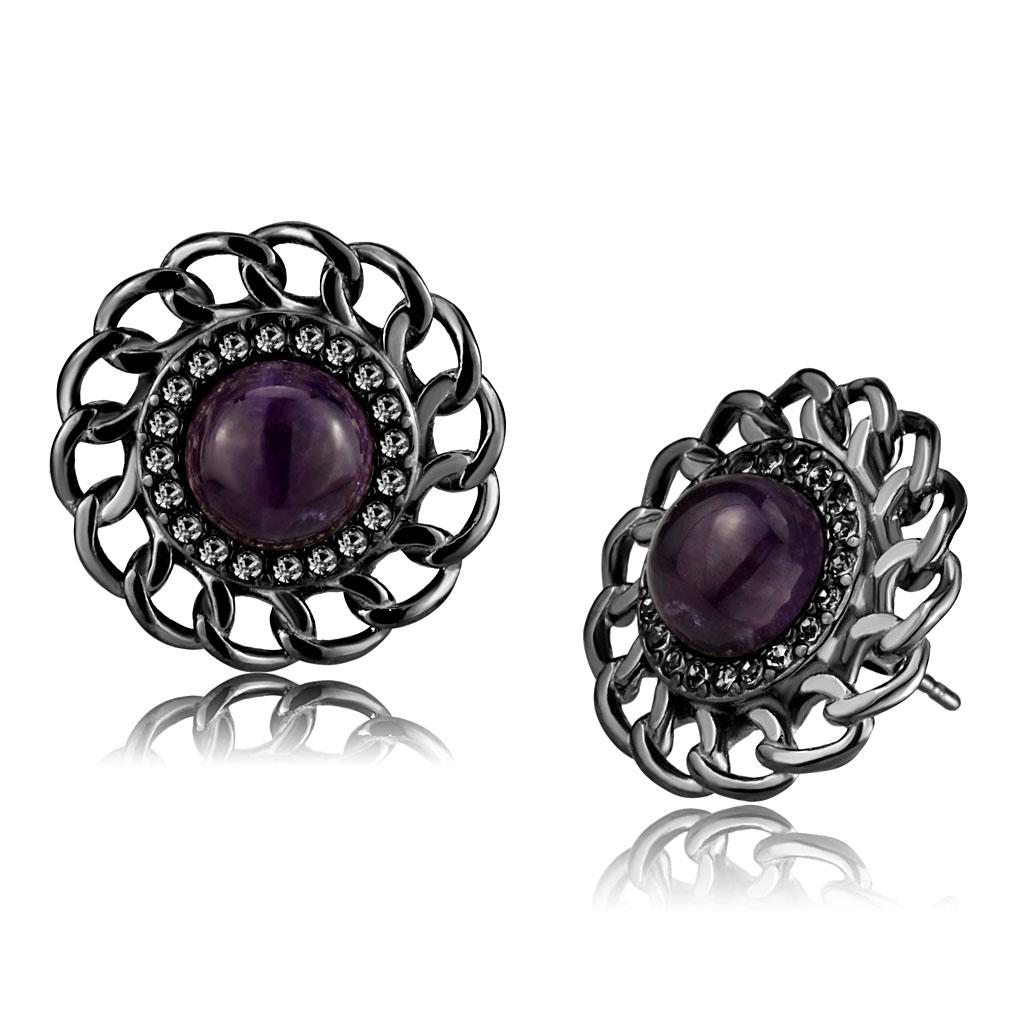 TK2889 - IP Light Black  (IP Gun) Stainless Steel Earrings with Semi-Precious Amethyst Crystal in Amethyst