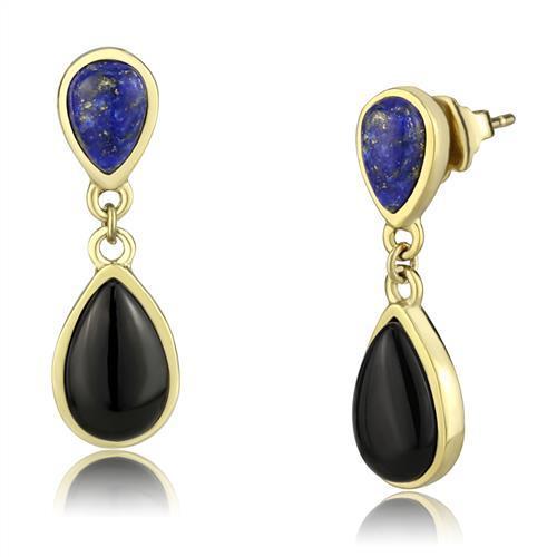 TK2893 - IP Gold(Ion Plating) Stainless Steel Earrings with Semi-Precious Onyx in Jet