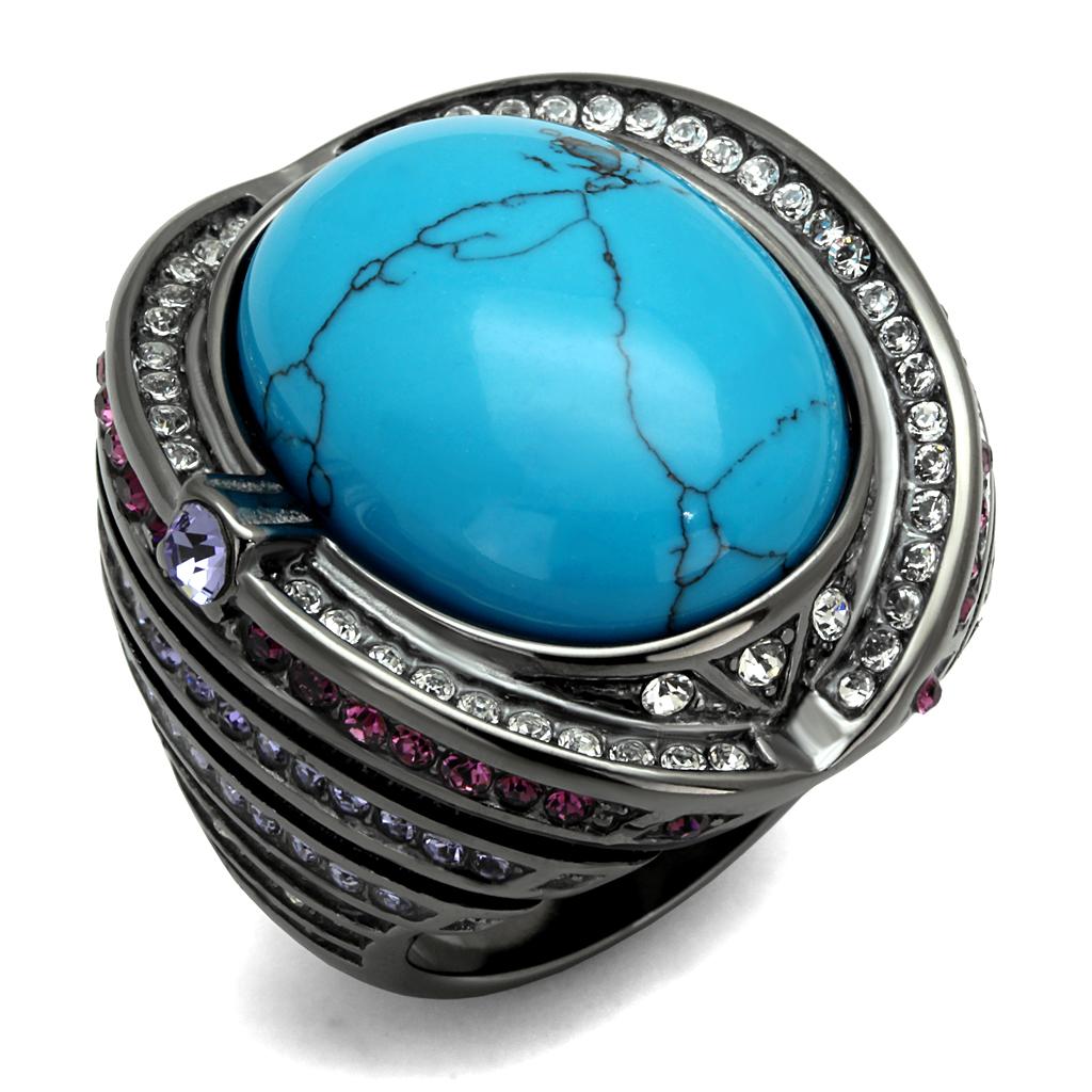 TK2983 - IP Light Black  (IP Gun) Stainless Steel Ring with Synthetic Turquoise in Sea Blue