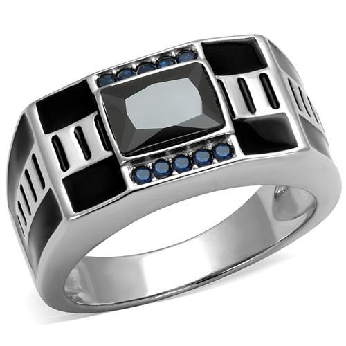 TK3002 - High polished (no plating) Stainless Steel Ring with AAA Grade CZ  in Black Diamond