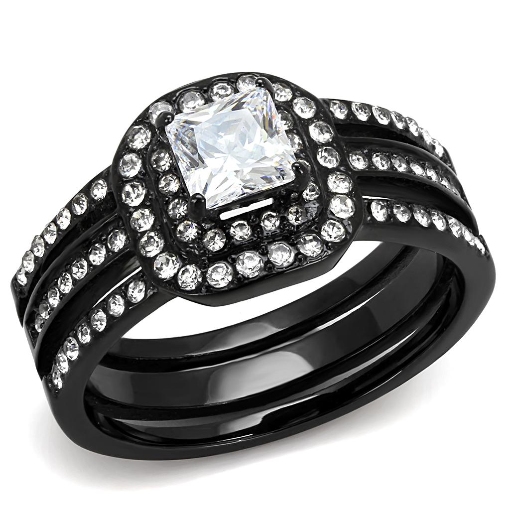 TK3048 - IP Black(Ion Plating) Stainless Steel Ring with AAA Grade CZ  in Clear