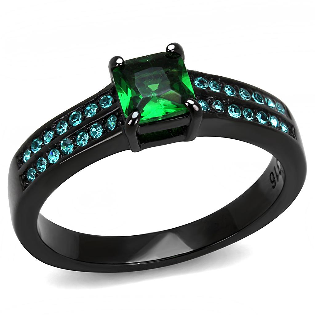 TK3064 - IP Black(Ion Plating) Stainless Steel Ring with Synthetic Synthetic Glass in Emerald