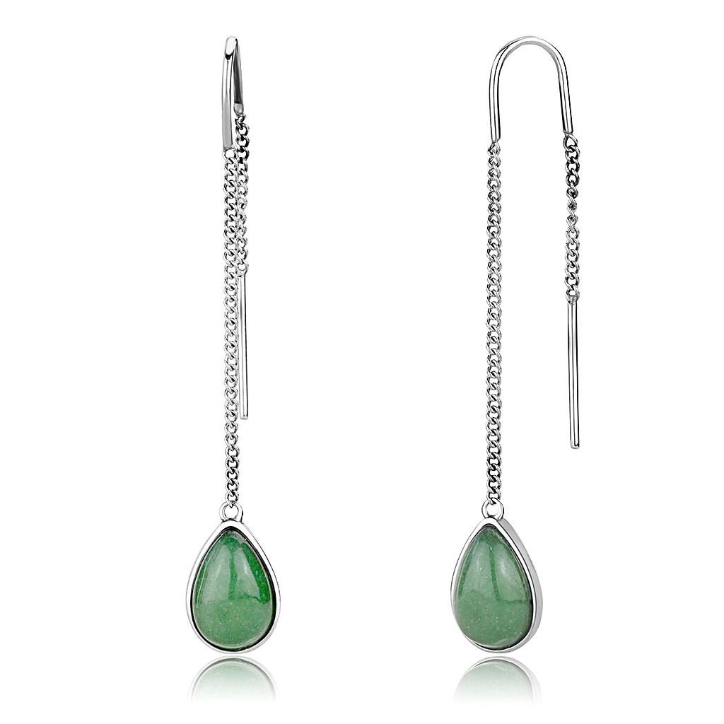 TK3099 - High polished (no plating) Stainless Steel Earrings with Semi-Precious Jade in Emerald