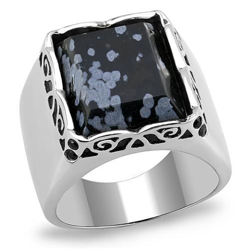 TK3230 - High polished (no plating) Stainless Steel Ring with Semi-Precious Snowflake Obsidian in Jet