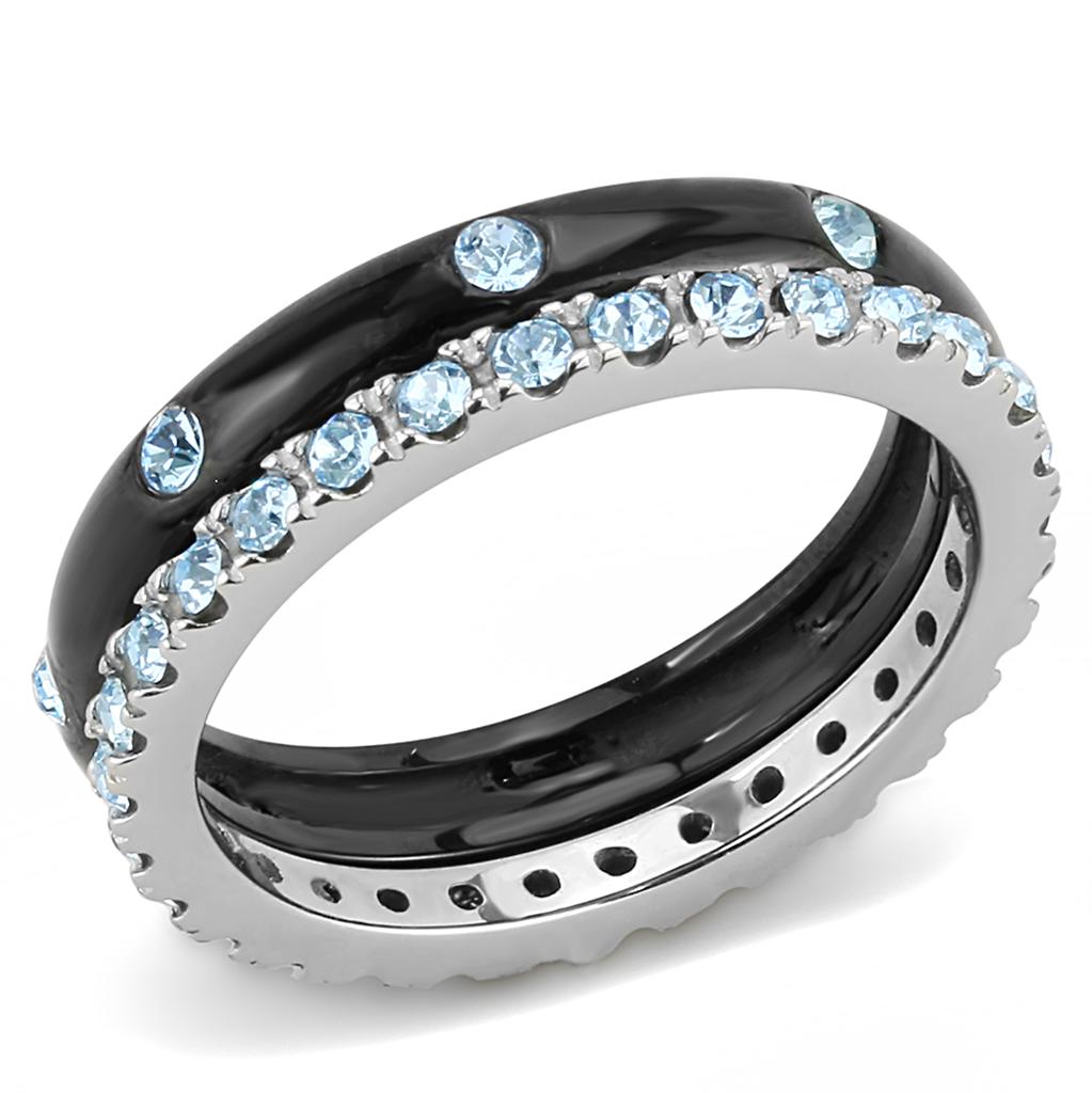 TK3233 - Two-Tone IP Black (Ion Plating) Stainless Steel Ring with Top Grade Crystal  in Sea Blue