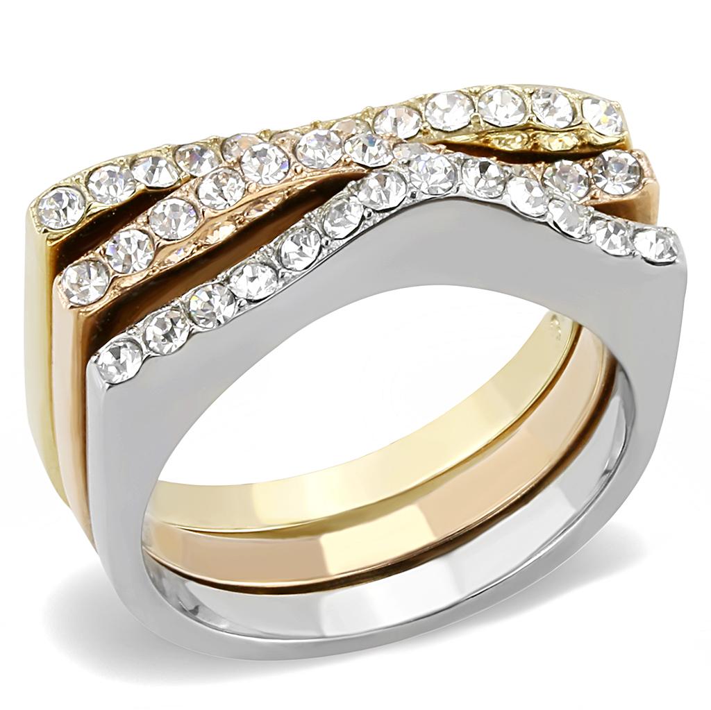 TK3234 - Three Tone IPï¼ˆIP Gold & IP Rose Gold & High Polished) Stainless Steel Ring with Top Grade Crystal  in Clear