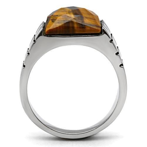 TK324 - High polished (no plating) Stainless Steel Ring with Semi-Precious Tiger Eye in Smoked Quartz