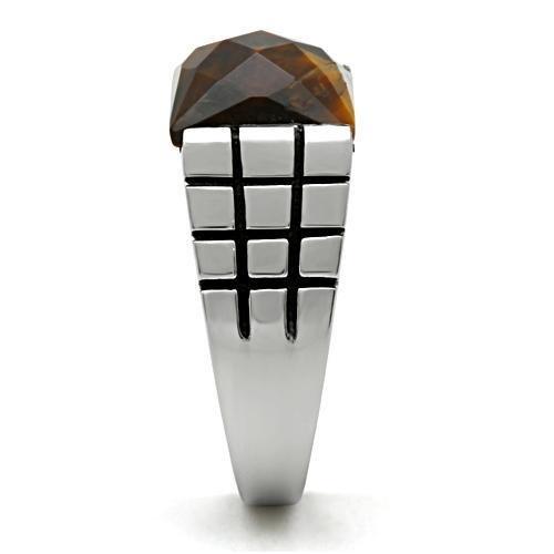 TK324 - High polished (no plating) Stainless Steel Ring with Semi-Precious Tiger Eye in Smoked Quartz