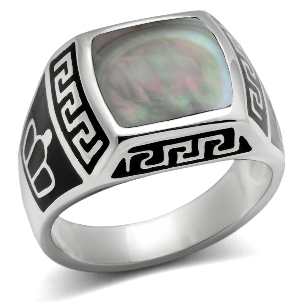 TK325 - High polished (no plating) Stainless Steel Ring with Precious Stone Conch in Gray