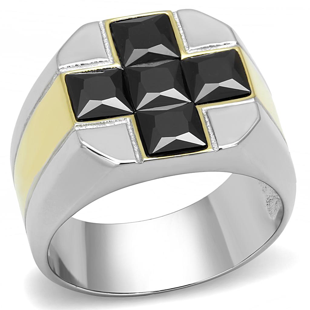 TK3271 - Two-Tone IP Gold (Ion Plating) Stainless Steel Ring with AAA Grade CZ  in Black Diamond