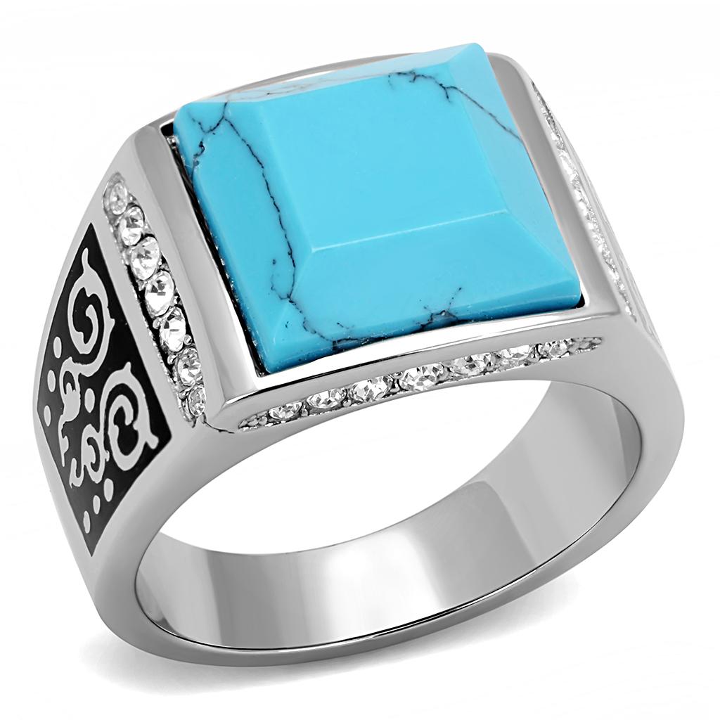 TK3274 High polished (no plating) Stainless Steel Ring with Synthetic in Sea Blue