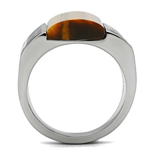 TK328 - High polished (no plating) Stainless Steel Ring with Semi-Precious Tiger Eye in Smoked Quartz