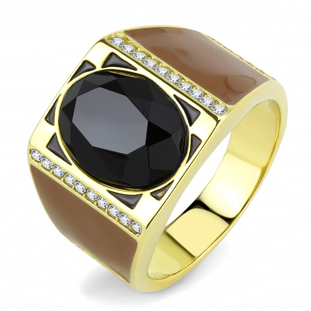 TK3465 - IP Gold(Ion Plating) Stainless Steel Ring with Synthetic Onyx in Jet