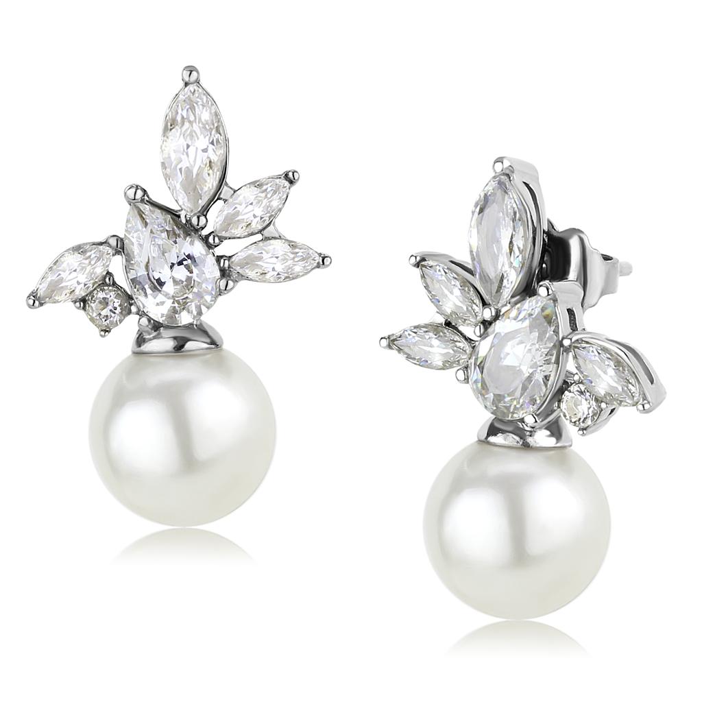 TK3478 - High polished (no plating) Stainless Steel Earrings with Synthetic Pearl in White