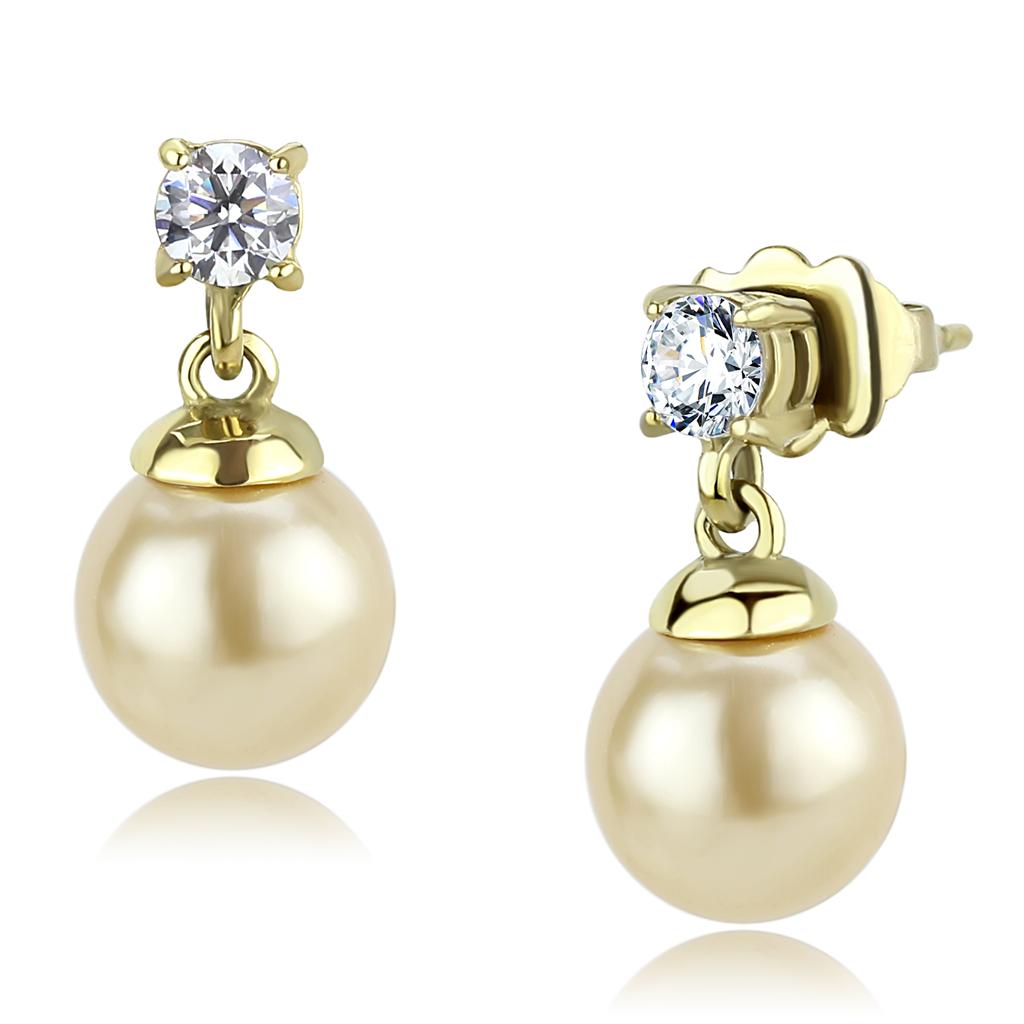 TK3480 - IP Gold(Ion Plating) Stainless Steel Earrings with Synthetic Pearl in Champagne