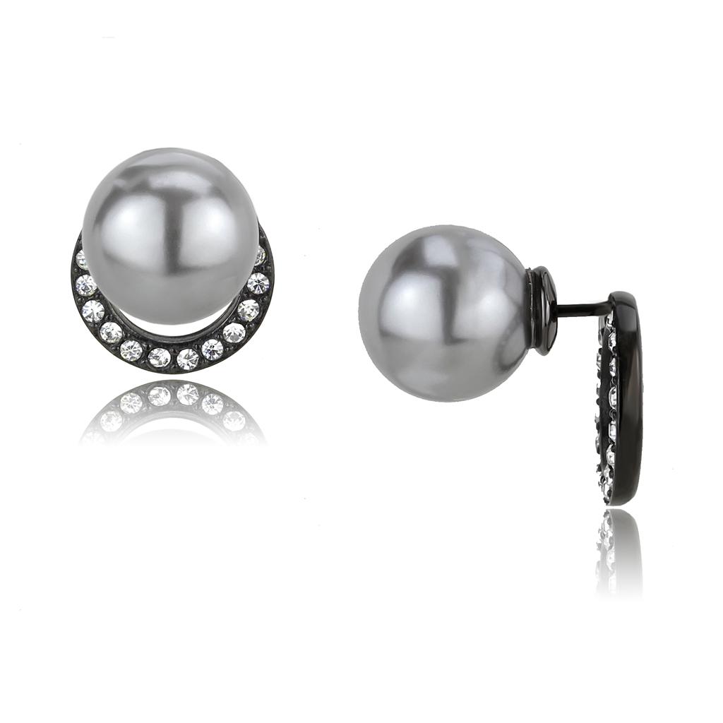 TK3481 - IP Black(Ion Plating) Stainless Steel Earrings with Synthetic Pearl in Light Gray