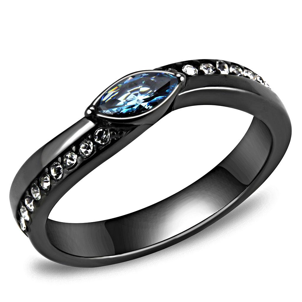 TK3511 - IP Light Black  (IP Gun) Stainless Steel Ring with AAA Grade CZ  in Sea Blue