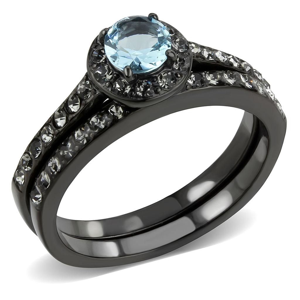 TK3634 - IP Black(Ion Plating) Stainless Steel Ring with Synthetic Synthetic Glass in Sea Blue