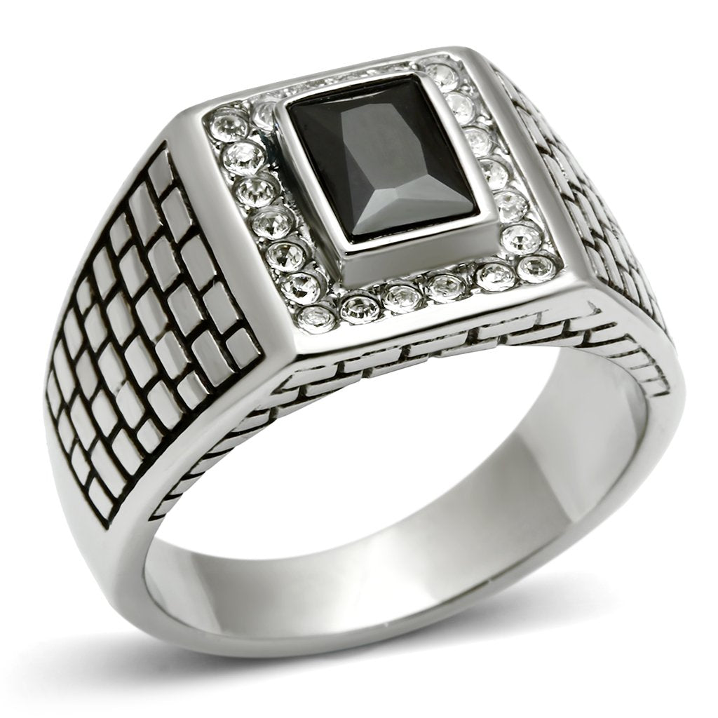 TK494 - High polished (no plating) Stainless Steel Ring with AAA Grade CZ  in Jet