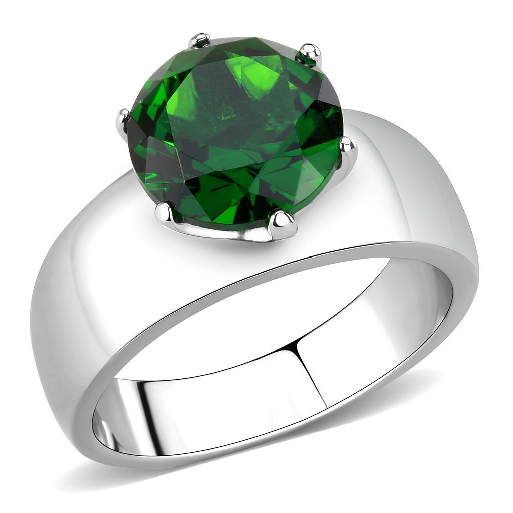 TK52005 - High polished (no plating) Stainless Steel Ring with Synthetic Synthetic Glass in Emerald