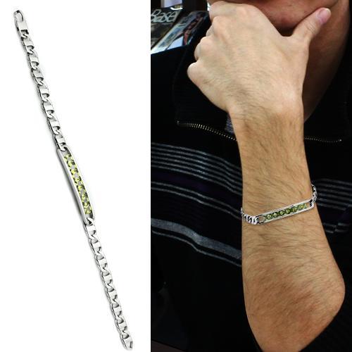 TK570 - High polished (no plating) Stainless Steel Bracelet with AAA Grade CZ in Olivine color