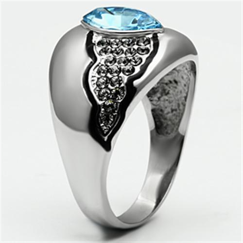 TK659 - High polished (no plating) Stainless Steel Ring with Top Grade Crystal  in Sea Blue