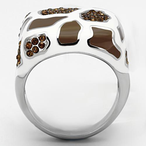 TK847 - High polished (no plating) Stainless Steel Ring with Top Grade Crystal  in Smoked Quartz