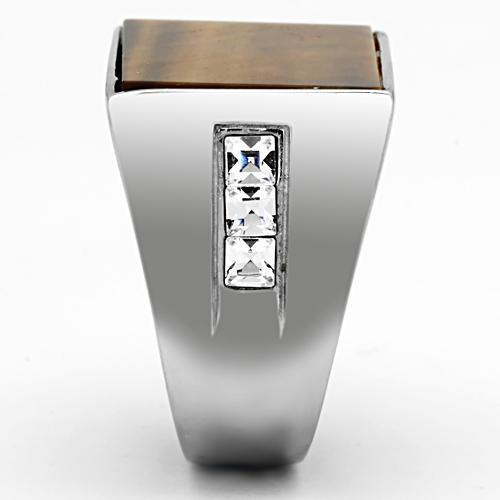 TK925 - High polished (no plating) Stainless Steel Ring with Synthetic Tiger Eye in Topaz