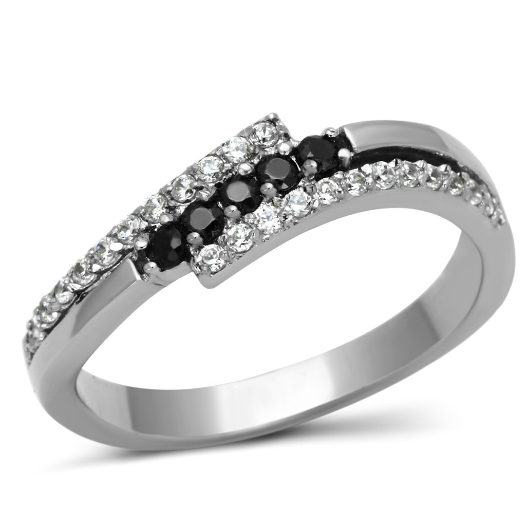 TK996 - High polished (no plating) Stainless Steel Ring with AAA Grade CZ  in Black Diamond