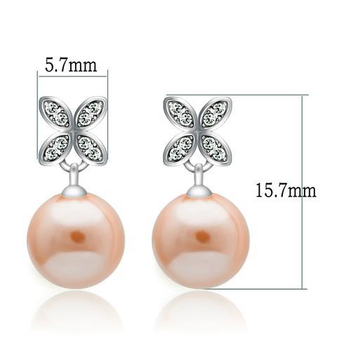 TS040 - Rhodium 925 Sterling Silver Earrings with Synthetic Pearl in Light Rose