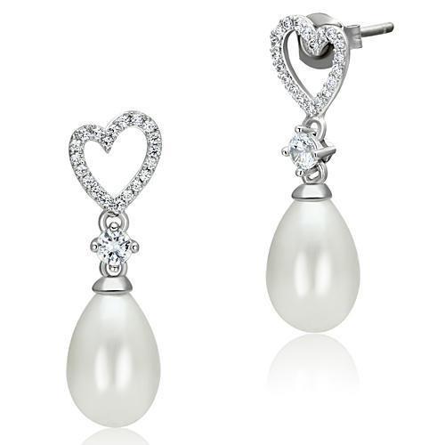 TS064 - Rhodium 925 Sterling Silver Earrings with Synthetic Pearl in White