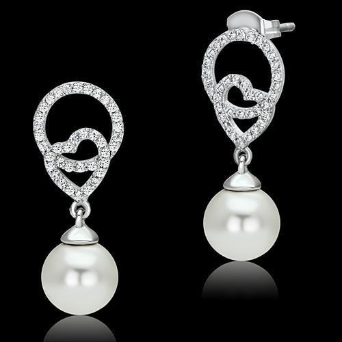 TS065 - Rhodium 925 Sterling Silver Earrings with Synthetic Pearl in White