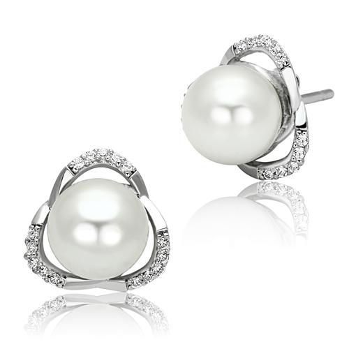 TS066 - Rhodium 925 Sterling Silver Earrings with Synthetic Pearl in White