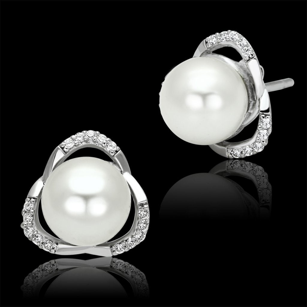 TS066 - Rhodium 925 Sterling Silver Earrings with Synthetic Pearl in White