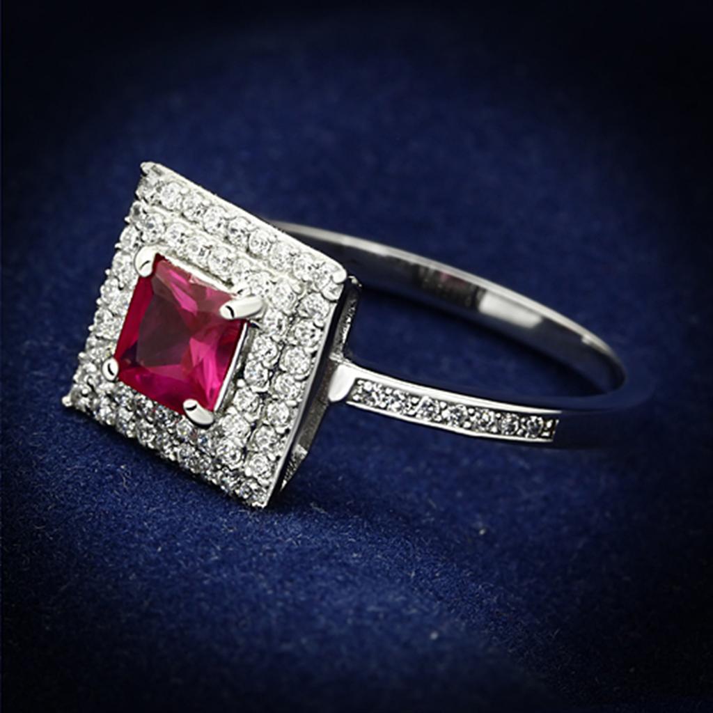 TS102 - Rhodium 925 Sterling Silver Ring with Synthetic Corundum in Ruby