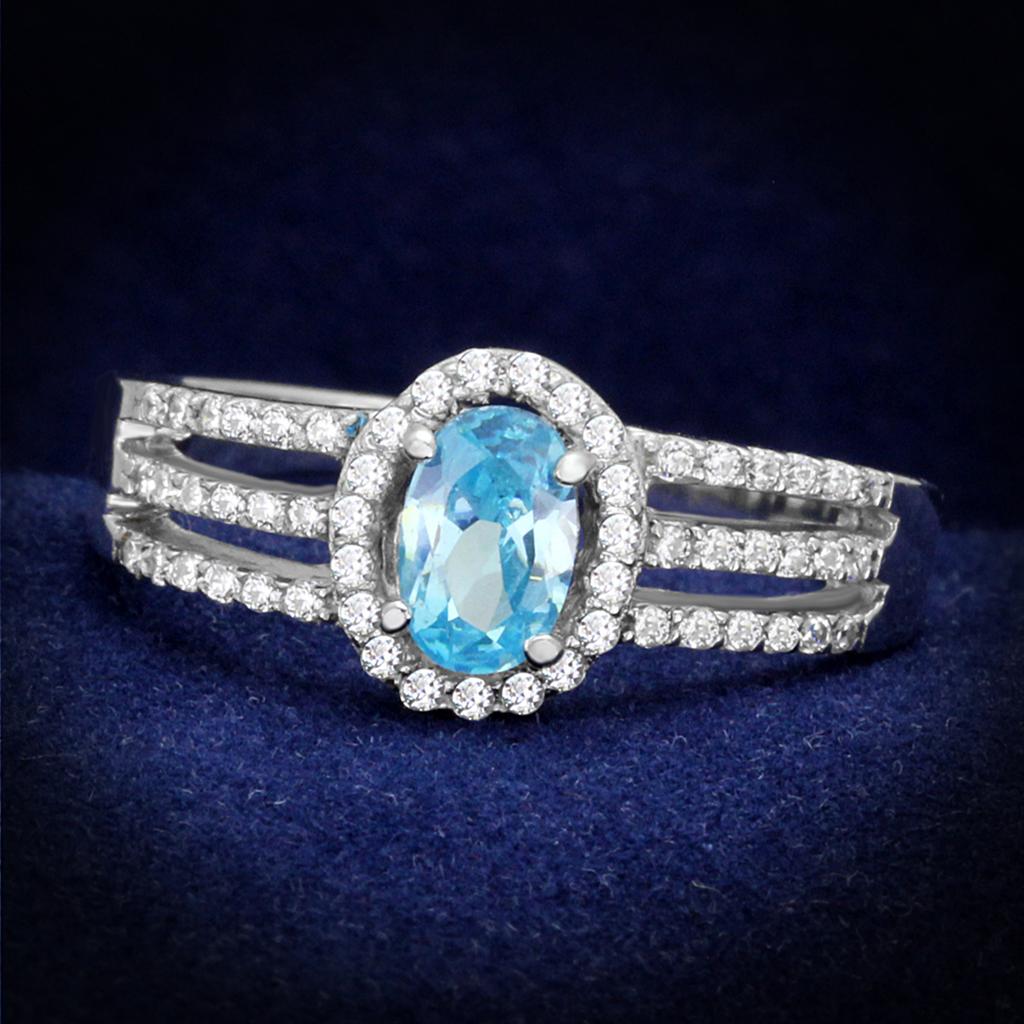 TS184 - Rhodium 925 Sterling Silver Ring with AAA Grade CZ  in Sea Blue