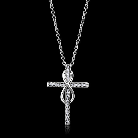 TS301 - Rhodium 925 Sterling Silver Chain Pendant with AAA Grade CZ  in Clear